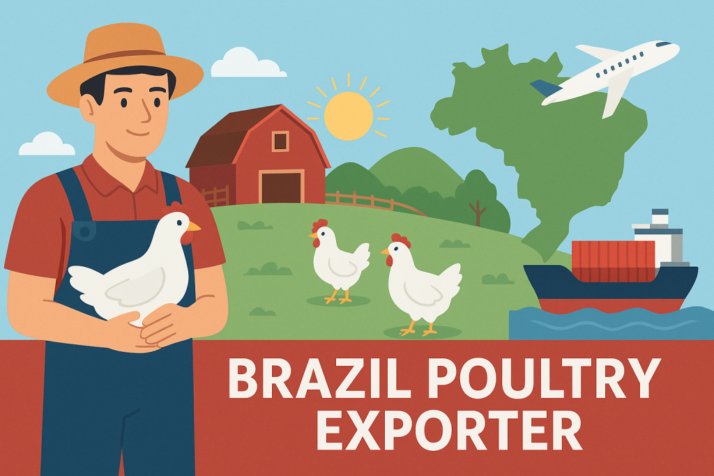Friendly Brazilian farmer holding chicken with farm, Brazil map, airplane, and cargo ship representing poultry exports